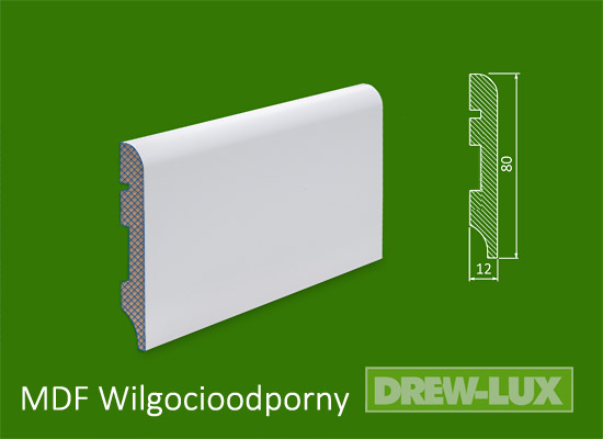 Listwa przypodłogowa MDF biała lakierowana  - 80 x 12 R10 PLUS - wilgocioodporna